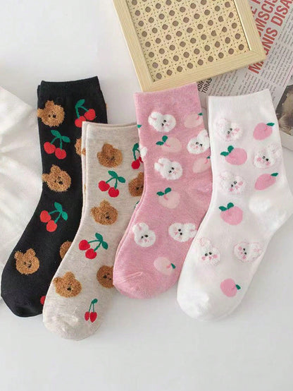 4 pares de calcetines de rodilla para mujer con estampados de fresa, leopardo y corazón, uso diario lindo