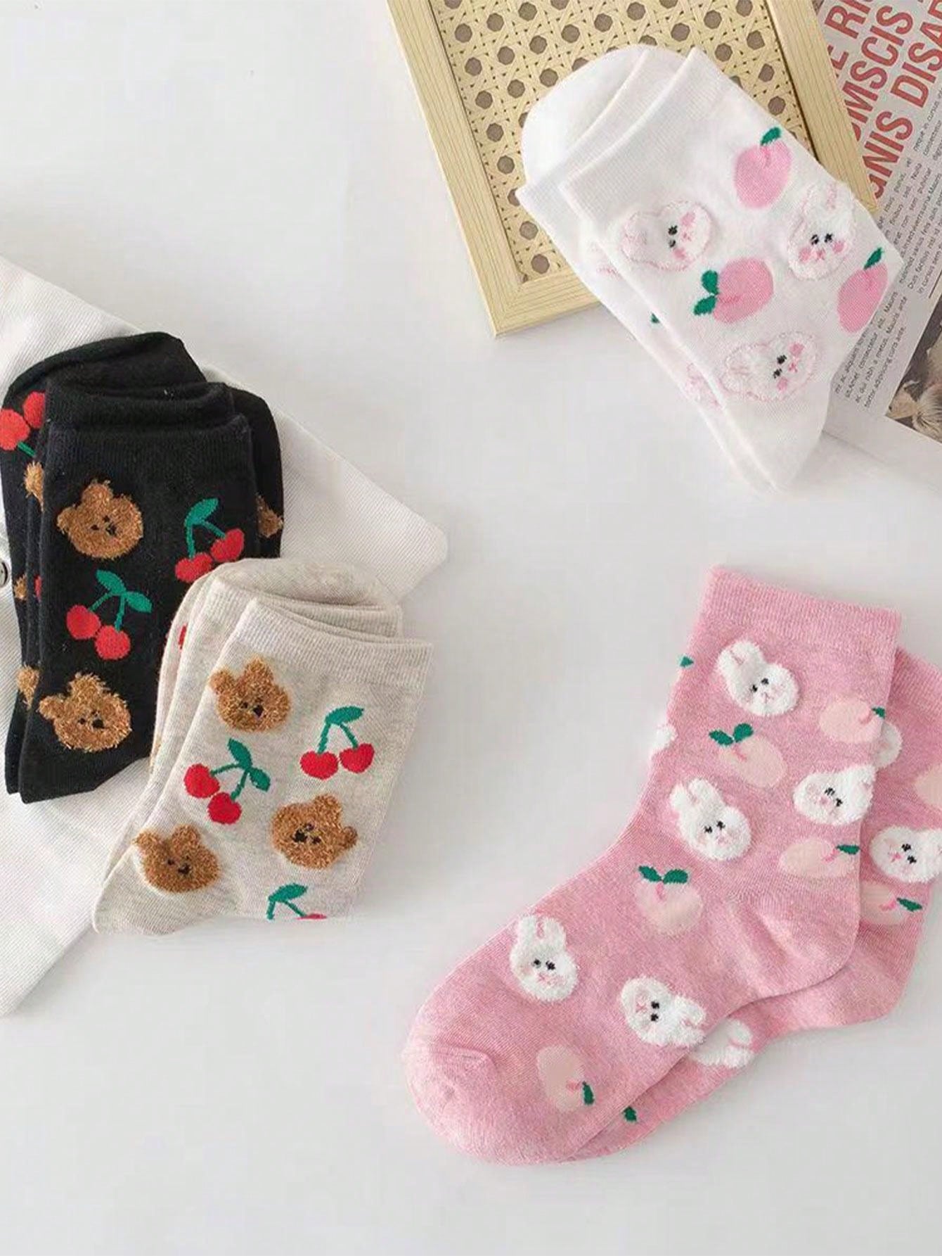 4 pares de calcetines de rodilla para mujer con estampados de fresa, leopardo y corazón, uso diario lindo