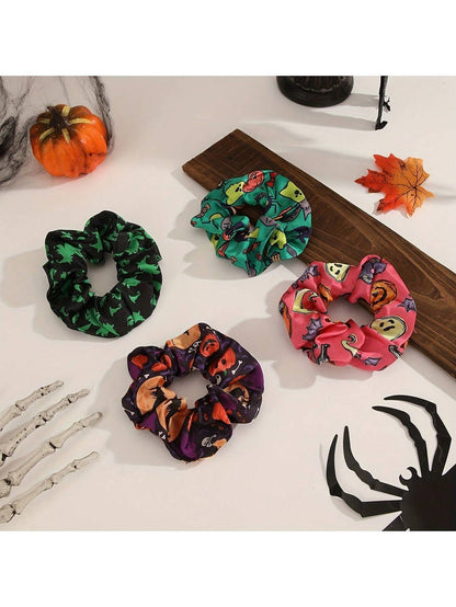 4 piezas Scrunchies con tema retro de calabaza, fantasma y murciélago para mujeres, adecuado para fiesta de Halloween