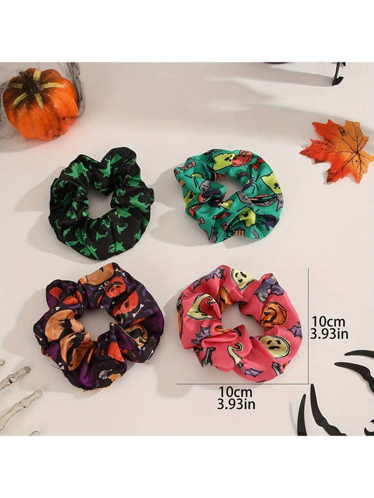 4 piezas Scrunchies con tema retro de calabaza, fantasma y murciélago para mujeres, adecuado para fiesta de Halloween