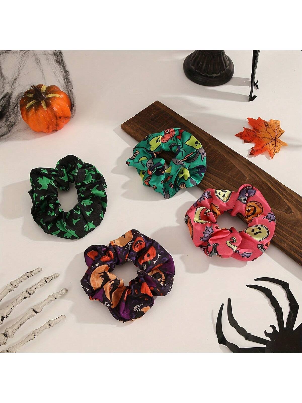 4 piezas Scrunchies con tema retro de calabaza, fantasma y murciélago para mujeres, adecuado para fiesta de Halloween