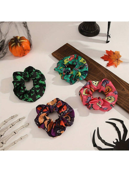 4 piezas Scrunchies con tema retro de calabaza, fantasma y murciélago para mujeres, adecuado para fiesta de Halloween