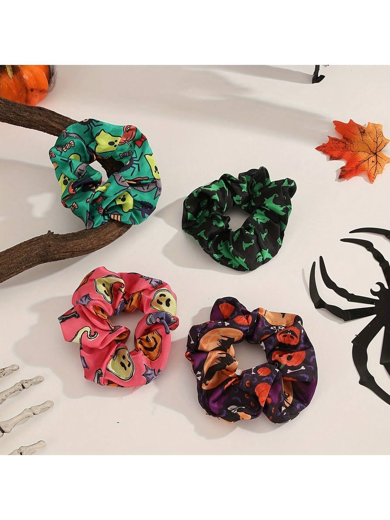 4 piezas Scrunchies con tema retro de calabaza, fantasma y murciélago para mujeres, adecuado para fiesta de Halloween