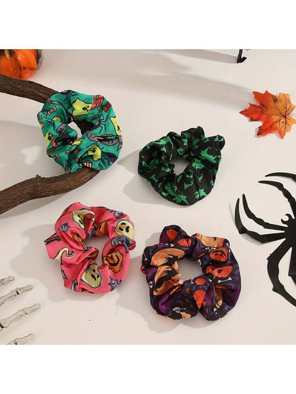 4 piezas Scrunchies con tema retro de calabaza, fantasma y murciélago para mujeres, adecuado para fiesta de Halloween