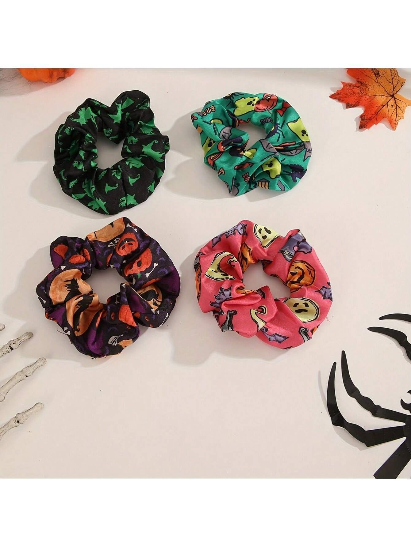 4 piezas Scrunchies con tema retro de calabaza, fantasma y murciélago para mujeres, adecuado para fiesta de Halloween