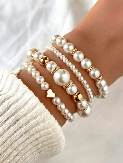 4 piezas/set Pulsera a la moda con cuentas y diseño de corazón, set de pulseras de perlas falsas