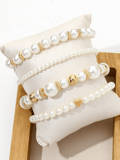 4 piezas/set Pulsera a la moda con cuentas y diseño de corazón, set de pulseras de perlas falsas