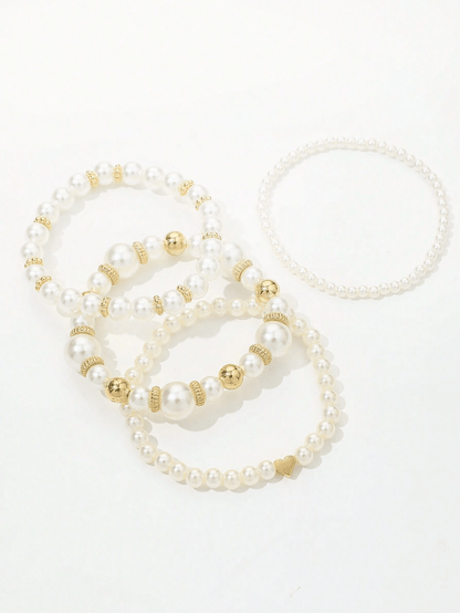 4 piezas/set Pulsera a la moda con cuentas y diseño de corazón, set de pulseras de perlas falsas