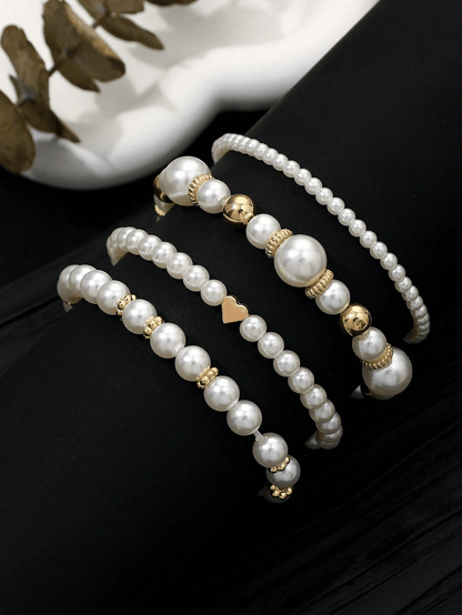 4 piezas/set Pulsera a la moda con cuentas y diseño de corazón, set de pulseras de perlas falsas