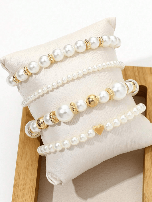 4 piezas/set Pulsera a la moda con cuentas y diseño de corazón, set de pulseras de perlas falsas