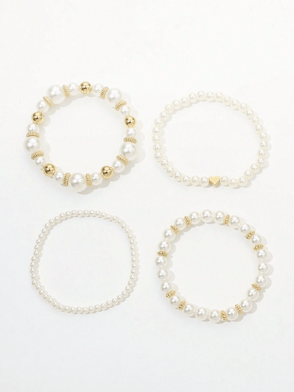4 piezas/set Pulsera a la moda con cuentas y diseño de corazón, set de pulseras de perlas falsas