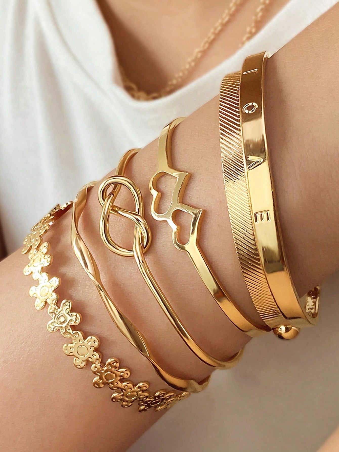 5 piezas/set Pulsera conjunto con estilo bohemio de AMOR con corazón doble