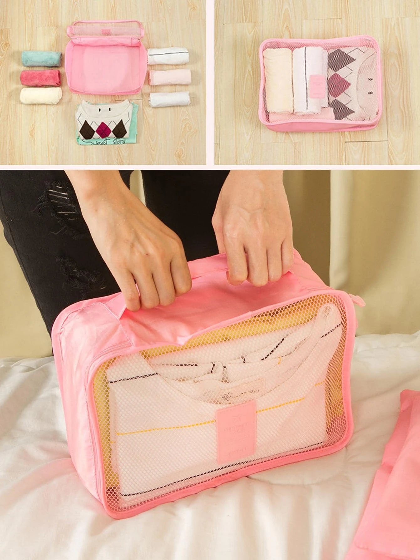 6 piezas Bolsa de almacenamiento con gráfico de letras para viaje, bolsa de maquillaje, bolsa de cosméticos, organizador de vacaciones, organizador de maquillaje de gran capacidad, estuche de maquillaje, para lápiz labial, pincel, cuidado de la piel