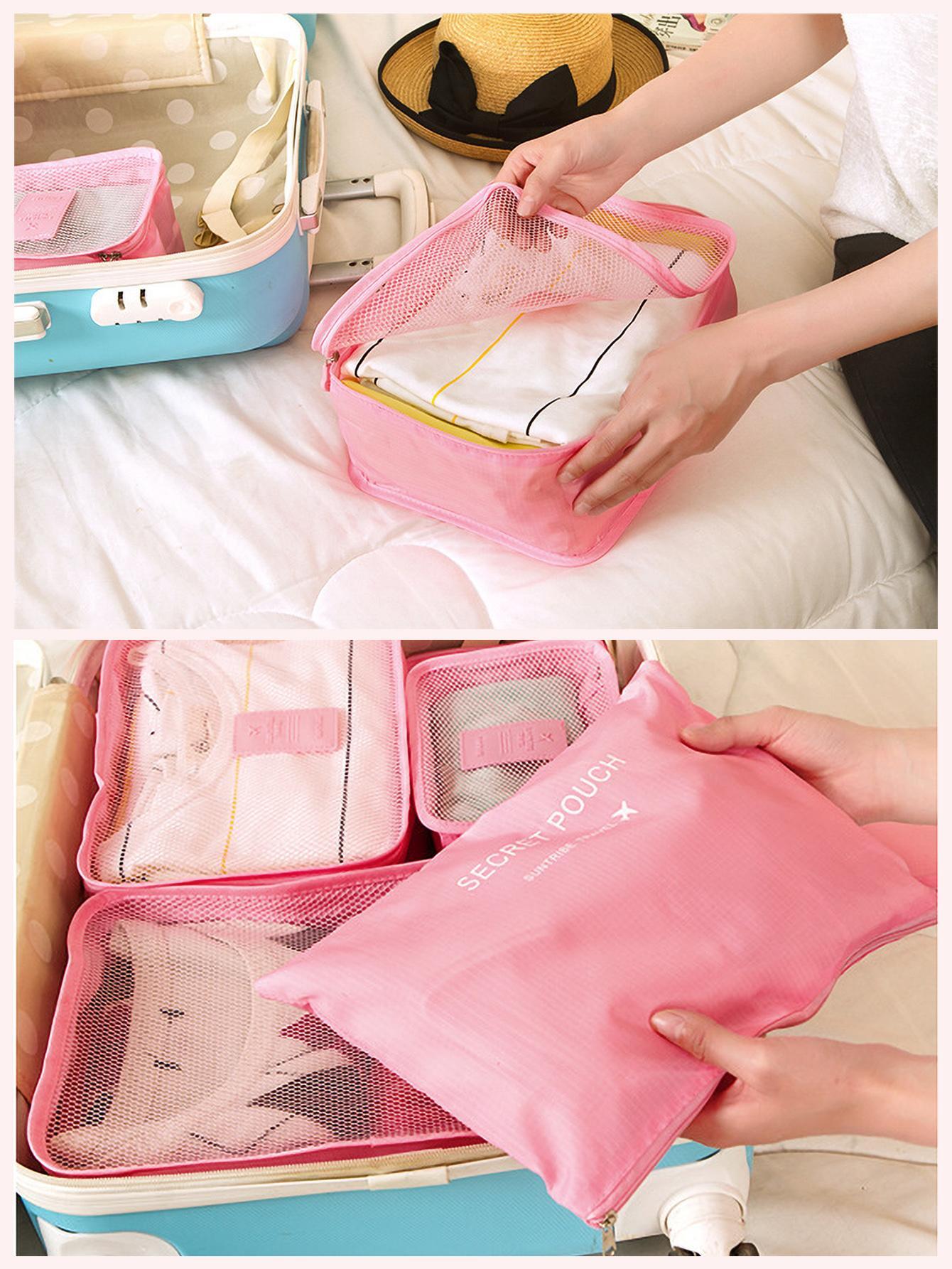 6 piezas Bolsa de almacenamiento con gráfico de letras para viaje, bolsa de maquillaje, bolsa de cosméticos, organizador de vacaciones, organizador de maquillaje de gran capacidad, estuche de maquillaje, para lápiz labial, pincel, cuidado de la piel