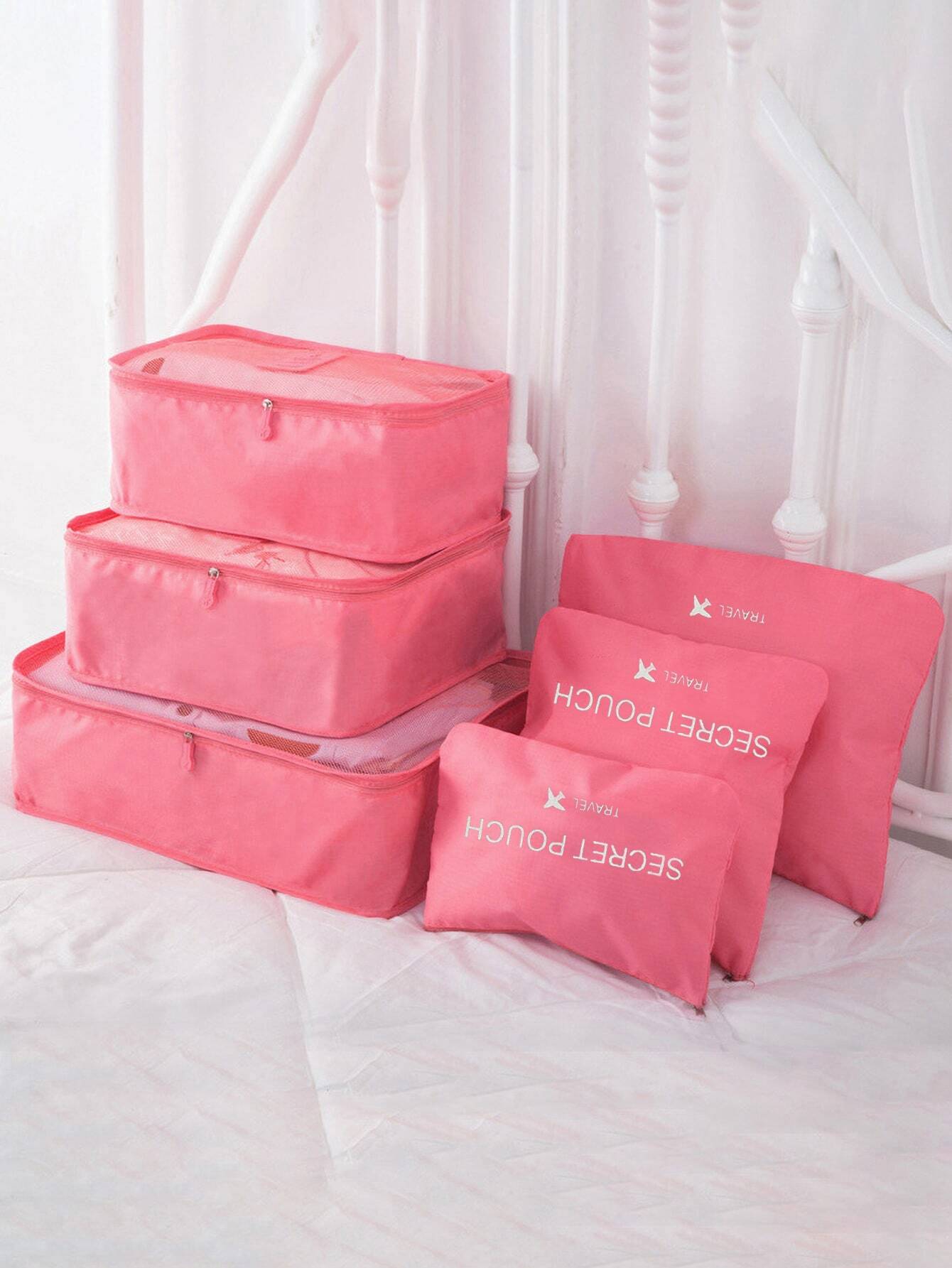 6 piezas Bolsa de almacenamiento con gráfico de letras para viaje, bolsa de maquillaje, bolsa de cosméticos, organizador de vacaciones, organizador de maquillaje de gran capacidad, estuche de maquillaje, para lápiz labial, pincel, cuidado de la piel