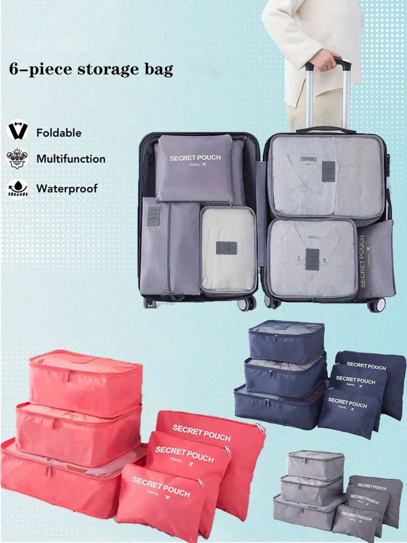 6 piezas Juego de bolsas de almacenamiento de viaje para maleta, ropa, zapatos, artículos de tocador, organizadores de cubos de embalaje, organizador de equipaje portátil para bolsa de almacenamiento de viaje, bolsa de maquillaje, bolsa de cosméticos