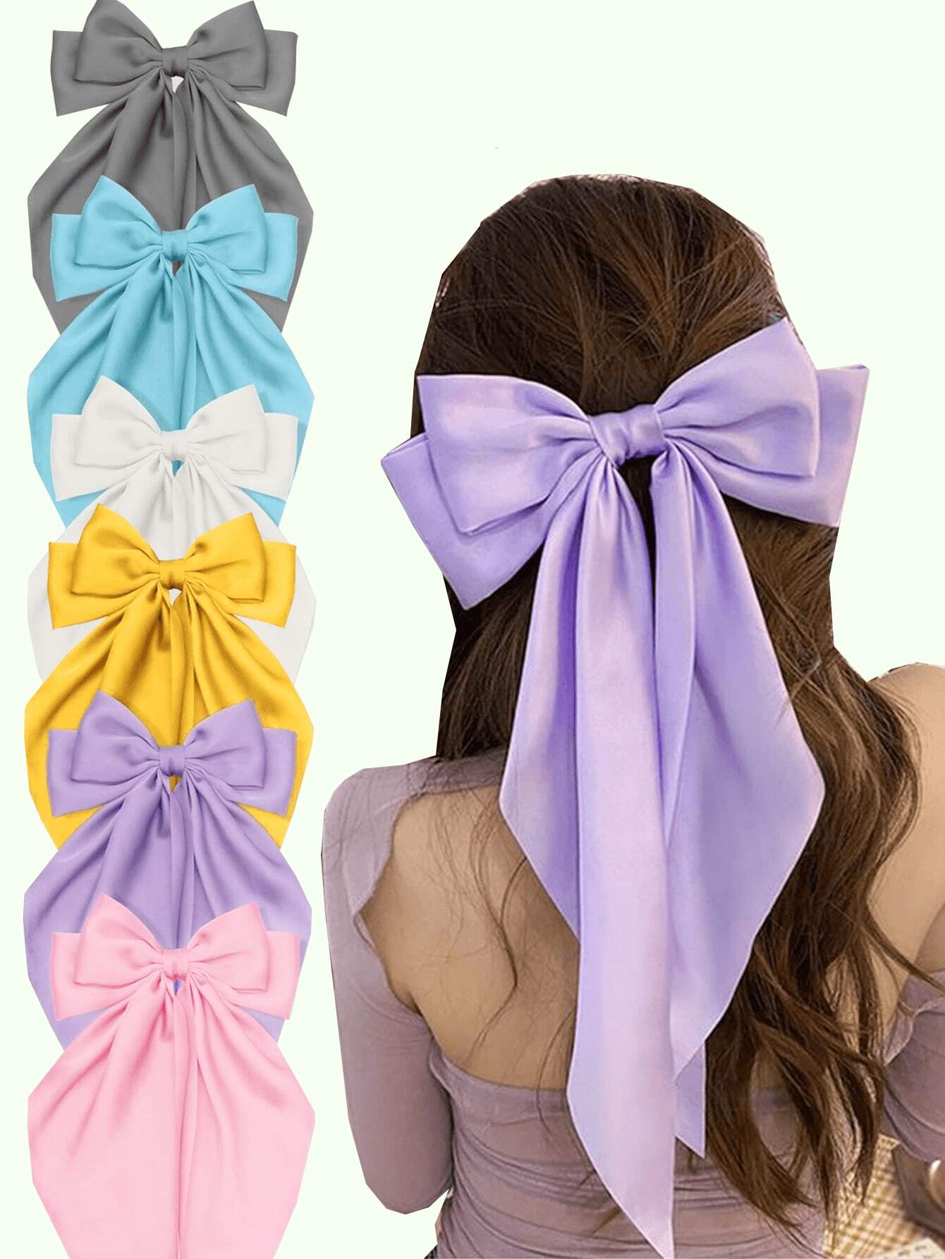 6 PIEZAS Lazos grandes de pelo para mujeres, pinzas de pelo de satén sedoso con cola larga, lazos de pelo lindos y estéticos, accesorios de pelo tipo coqueto