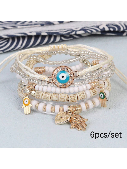 6 piezas Pulsera de cuentas con de ojo malvado y corazón
