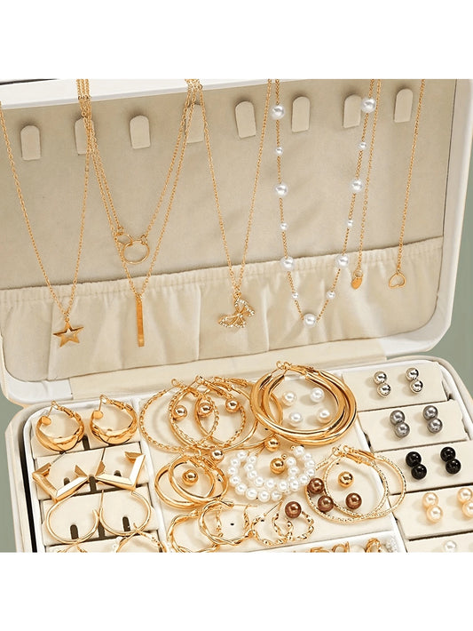 86 piezas Collar, anillo, juego de pendientes decorativos de metal con perlas falsas vintage, mariposa, corazón, estrella para mujer, color dorado (sin caja)