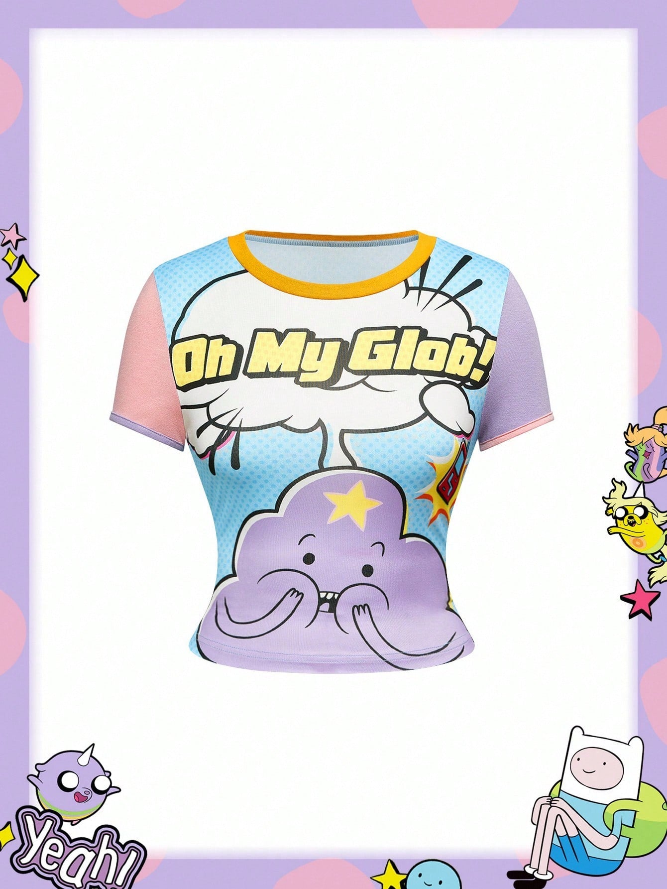 Adventure Time X ROMWE Camiseta corta de manga corta, delgada y casual con estampado de letras y estrellas de dibujos animados divertidos y lindos, para verano