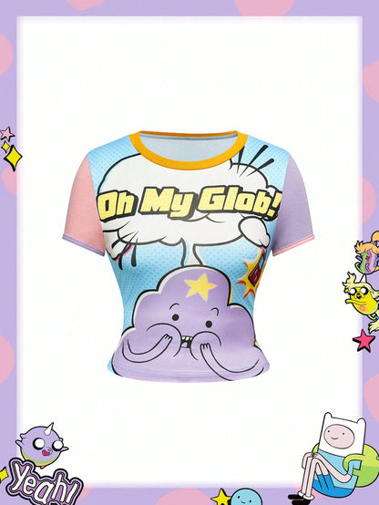 Adventure Time X ROMWE Camiseta corta de manga corta, delgada y casual con estampado de letras y estrellas de dibujos animados divertidos y lindos, para verano