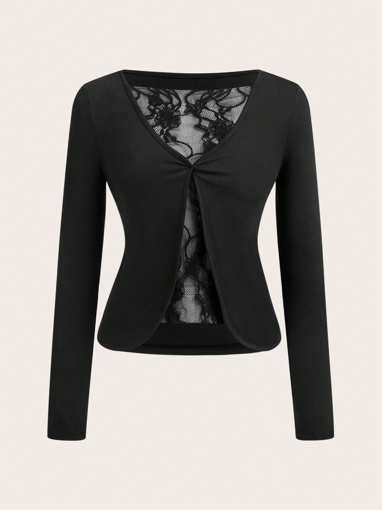 Aloruh Camiseta ajustada de manga larga con cuello en V profundo, parches de encaje sexy y atractivo, atuendo de San Valentín para mujeres