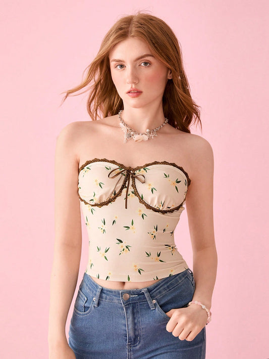 Amanda Zava Top corto casual estilo artístico con diseño ajustado y estampado para mujeres, adornado con decoración de lazo, para el verano