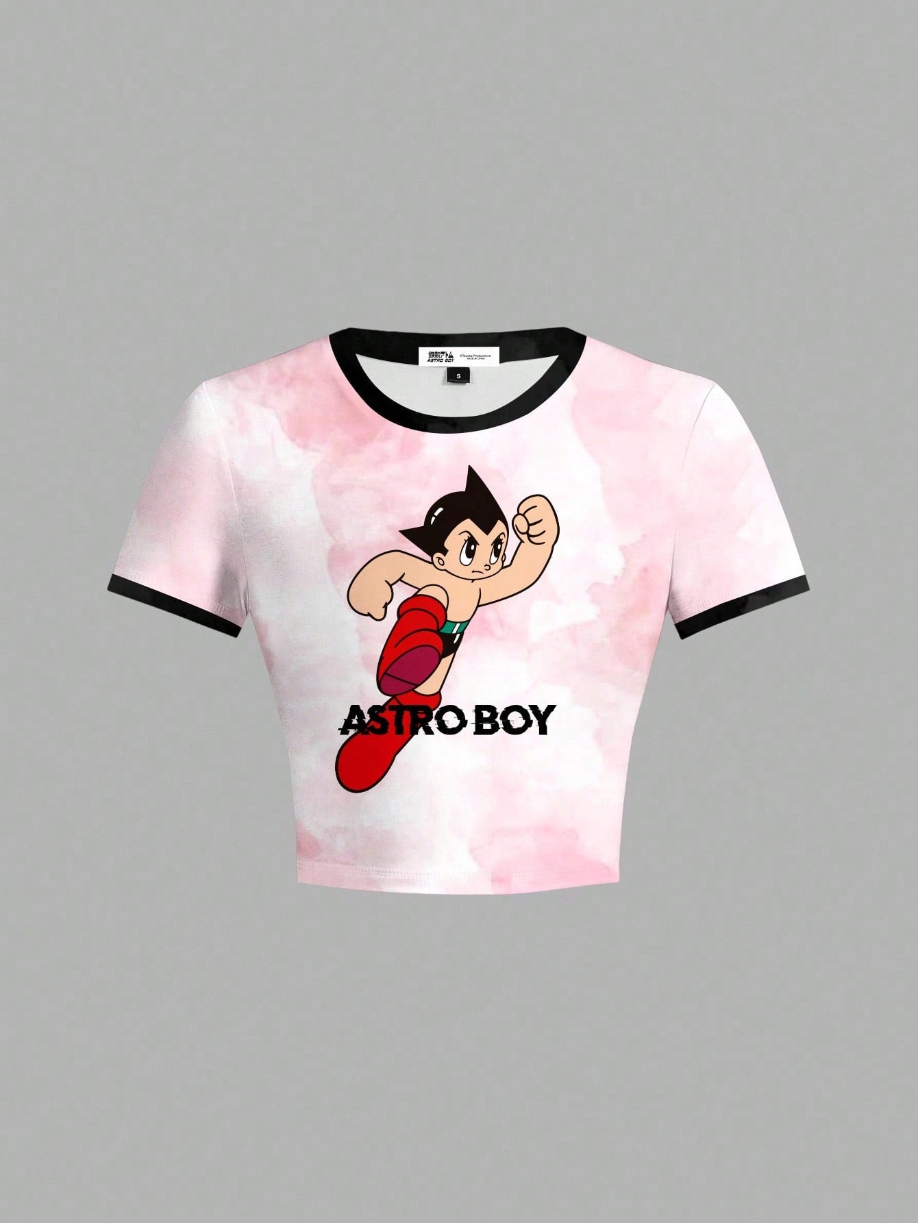 Astro Boy X SHEIN Camiseta ajustada de mujer de manga corta con estampado de figuras de dibujos animados y tie-dye con ribete de contraste