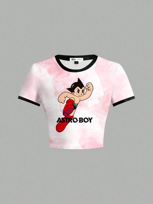 Astro Boy X SHEIN Camiseta ajustada de mujer de manga corta con estampado de figuras de dibujos animados y tie-dye con ribete de contraste