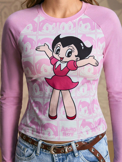 Astro Boy X SHEIN Camiseta de manga larga con cuello redondo, bloque de color y figura de dibujos animados para mujer