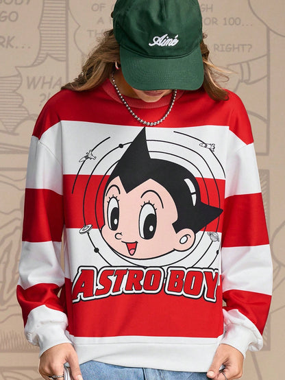Astro Boy X SHEIN Sudadera holgada de mujer con estampado de rayas de contraste y dibujos animados, de caída de hombros, para uso casual y diario, primavera/otoño