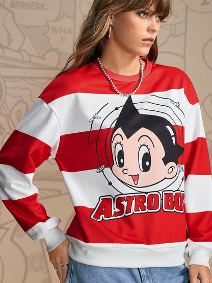 Astro Boy X SHEIN Sudadera holgada de mujer con estampado de rayas de contraste y dibujos animados, de caída de hombros, para uso casual y diario, primavera/otoño