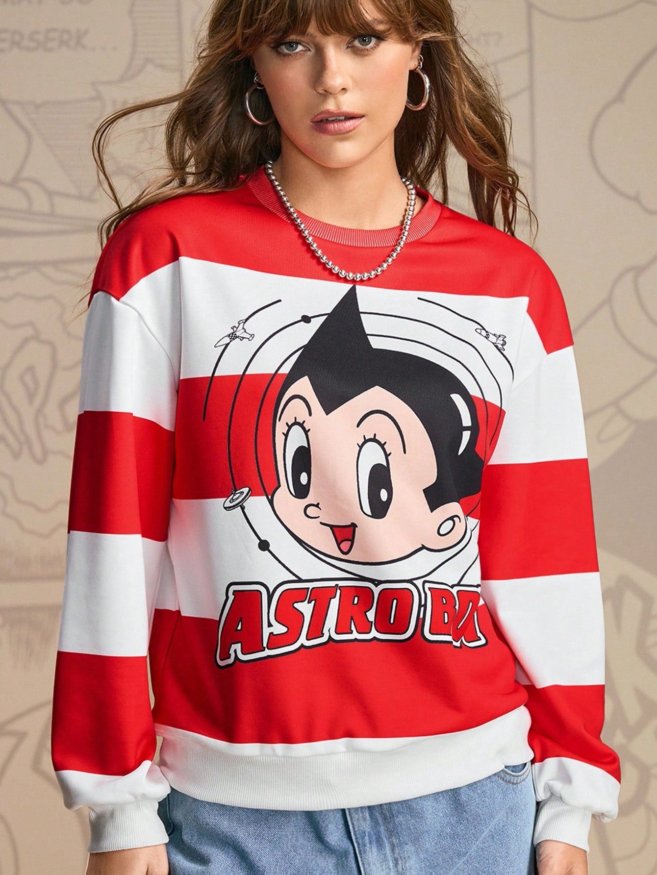 Astro Boy X SHEIN Sudadera holgada de mujer con estampado de rayas de contraste y dibujos animados, de caída de hombros, para uso casual y diario, primavera/otoño