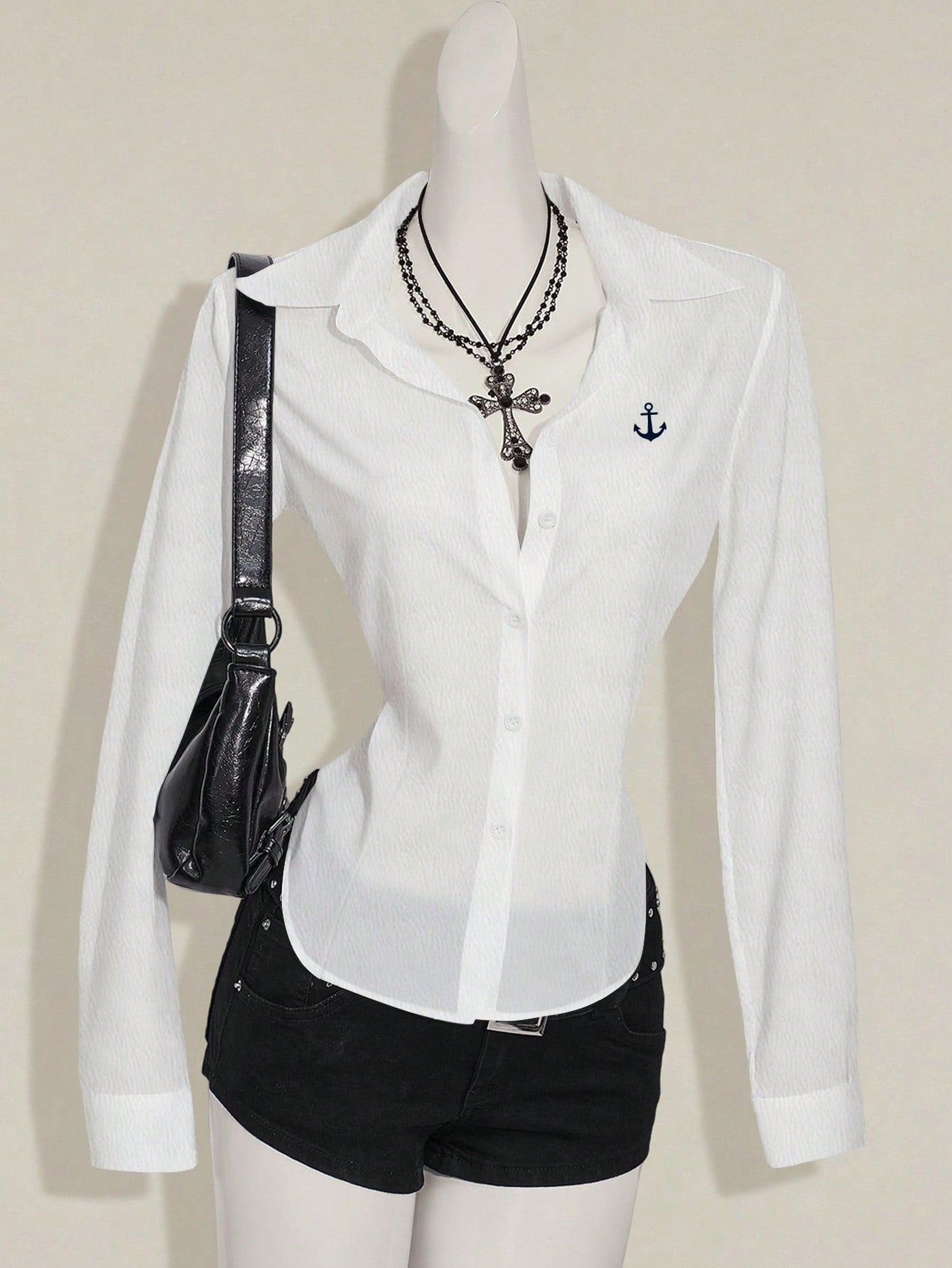 Attitoon Camisa de manga larga con botones y estampado de ancla náutica de estilo universitario minimalista casual en azul marino, adecuada para otoño/invierno