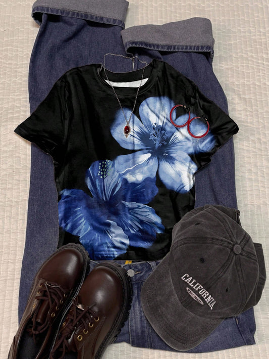 Attitoon Camiseta ajustada de mujer con cuello redondo y manga corta, con estampado floral, adecuada para verano, vacaciones, ropa de playa y estilo callejero