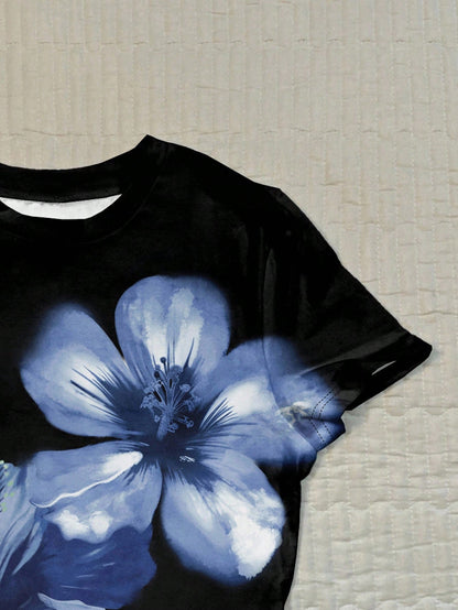 Attitoon Camiseta ajustada de mujer con cuello redondo y manga corta, con estampado floral, adecuada para verano, vacaciones, ropa de playa y estilo callejero