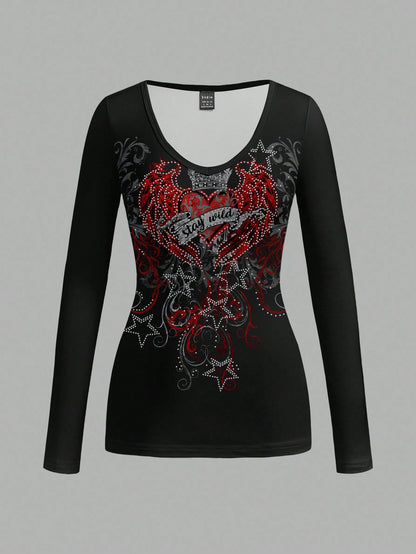 Attitoon Camiseta de manga larga con cuello en V casual y versátil con estampado de corazón y alas, adecuada para el aeropuerto en otoño/invierno