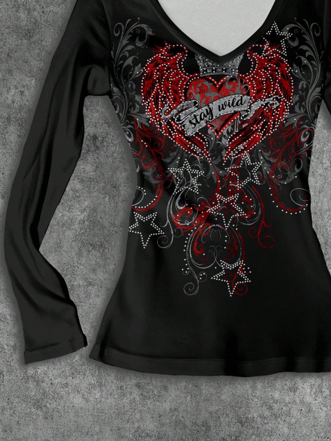 Attitoon Camiseta de manga larga con cuello en V casual y versátil con estampado de corazón y alas, adecuada para el aeropuerto en otoño/invierno