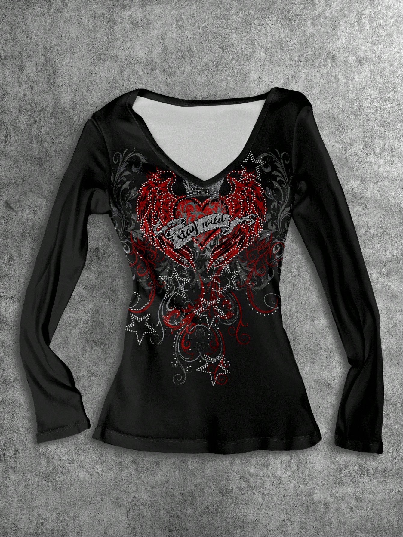 Attitoon Camiseta de manga larga con cuello en V casual y versátil con estampado de corazón y alas, adecuada para el aeropuerto en otoño/invierno