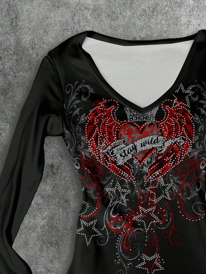 Attitoon Camiseta de manga larga con cuello en V casual y versátil con estampado de corazón y alas, adecuada para el aeropuerto en otoño/invierno