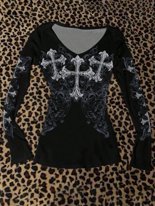 Attitoon Camiseta de manga larga de corte slim, de escote en V, de estilo minimalista y versátil, adecuada para atuendo de aeropuerto