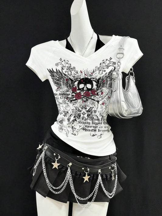 Attitoon Camiseta de mujer casual vintage de cuello en V, halter, con lazo y estampado de calavera en contraste de color, adecuada para el verano