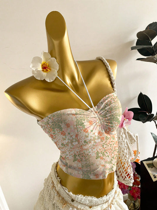 Attitoon Top ajustado con busto fruncido, estilo casual con estampado floral pequeño, adecuado para el verano y las vacaciones