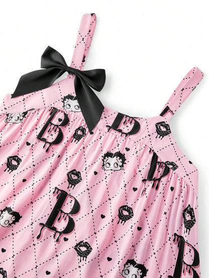 BETTY BOOP X LUVLETTE Camisón de tirantes con lazo y estampado básico rosa de x LUVLETTE para mujeres, pijama, camisón, lencería, ropa interior y ropa de dormir nupcial