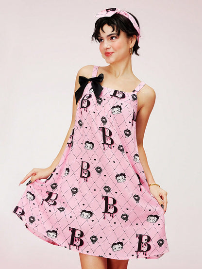 BETTY BOOP X LUVLETTE Camisón de tirantes con lazo y estampado básico rosa de x LUVLETTE para mujeres, pijama, camisón, lencería, ropa interior y ropa de dormir nupcial