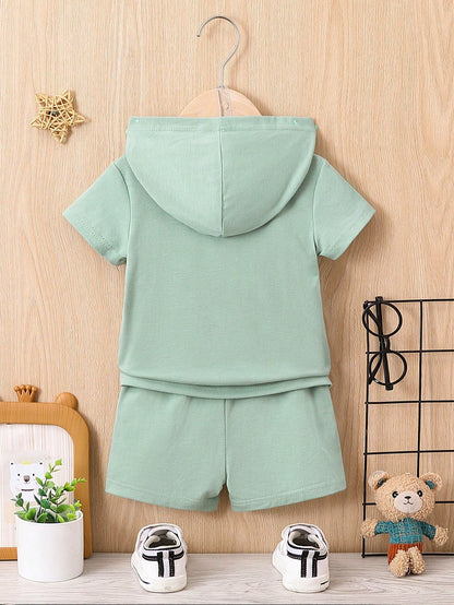 Bebé niño Shorts con camiseta con estampado de corazón y slogan con capucha