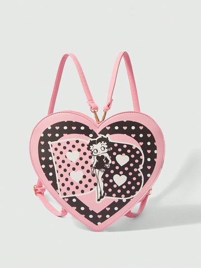 Betty Boop | ROMWE Bolso bandolera y mochila con forma de corazón y estampado de lunares, de doble uso, para la escuela