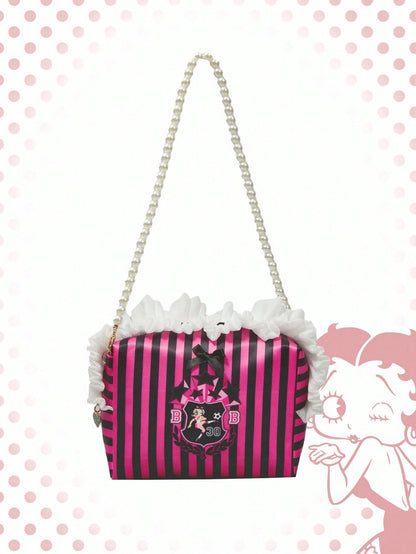 Betty Boop | ROMWE Bolsa de cosméticos portátil y de gran capacidad con asa con cuentas, diseño lindo a rayas y gráfico de figura