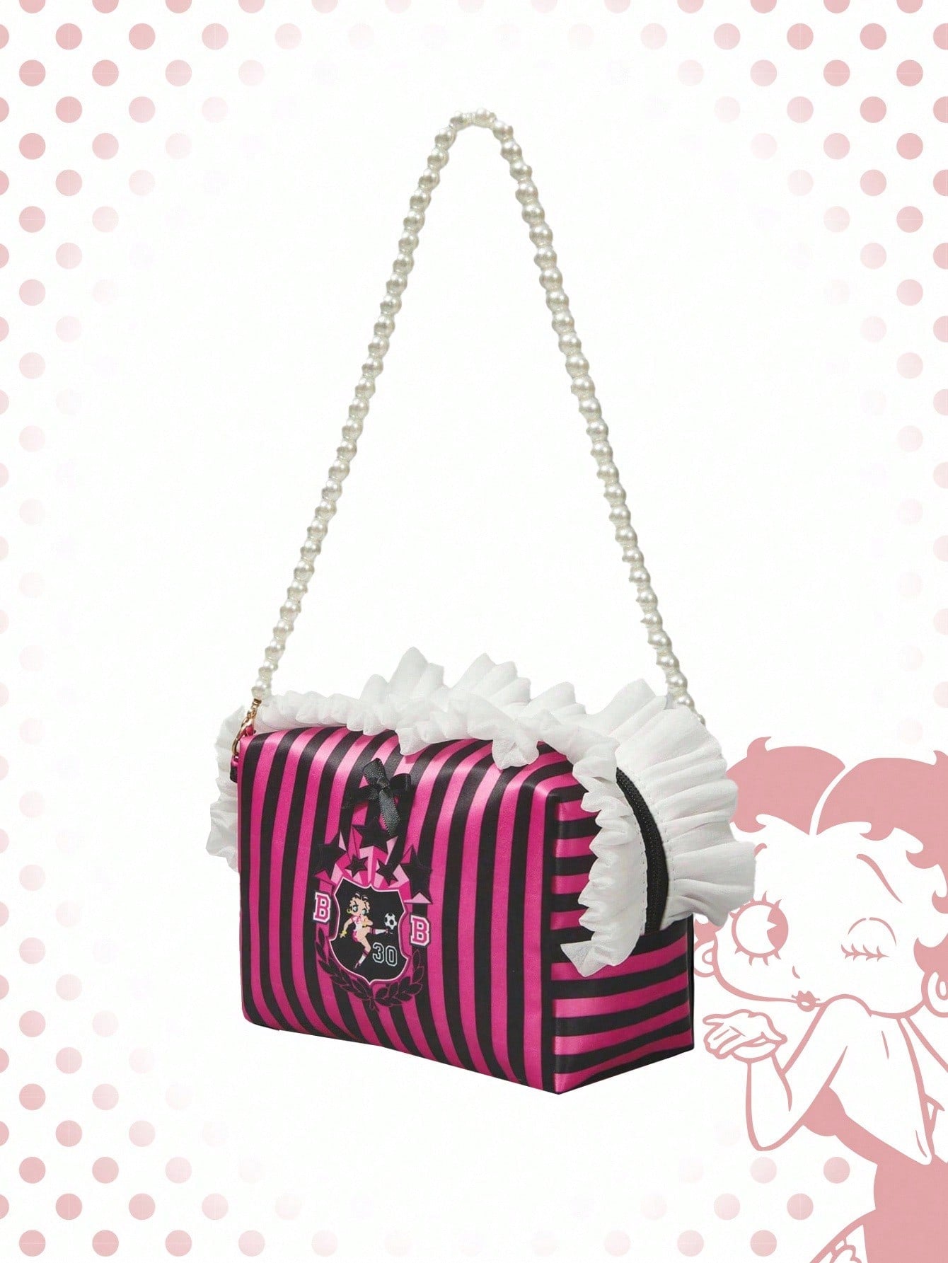 Betty Boop | ROMWE Bolsa de cosméticos portátil y de gran capacidad con asa con cuentas, diseño lindo a rayas y gráfico de figura