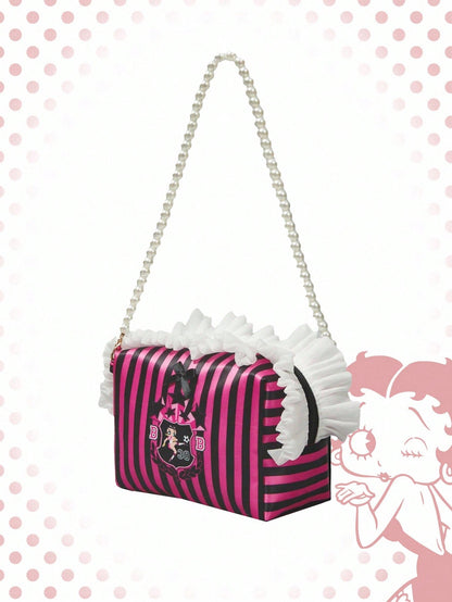 Betty Boop | ROMWE Bolsa de cosméticos portátil y de gran capacidad con asa con cuentas, diseño lindo a rayas y gráfico de figura